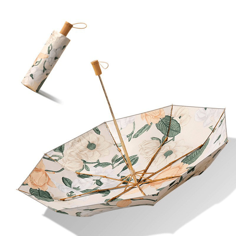 Double-Layer Floral Print 23-inch 8-Rib Tri-Fold Umbrella
